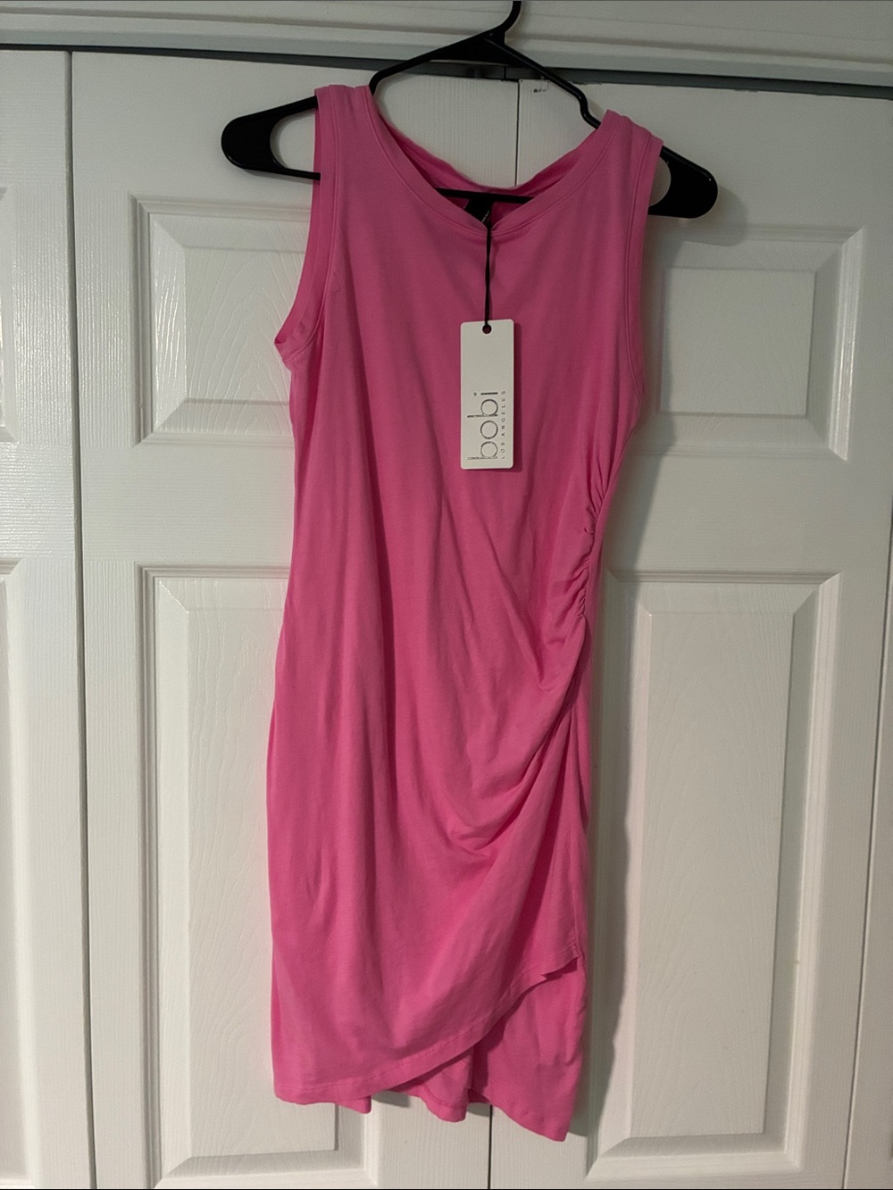 bobi Hot Pink Sleeveless Ruched Midi Dress